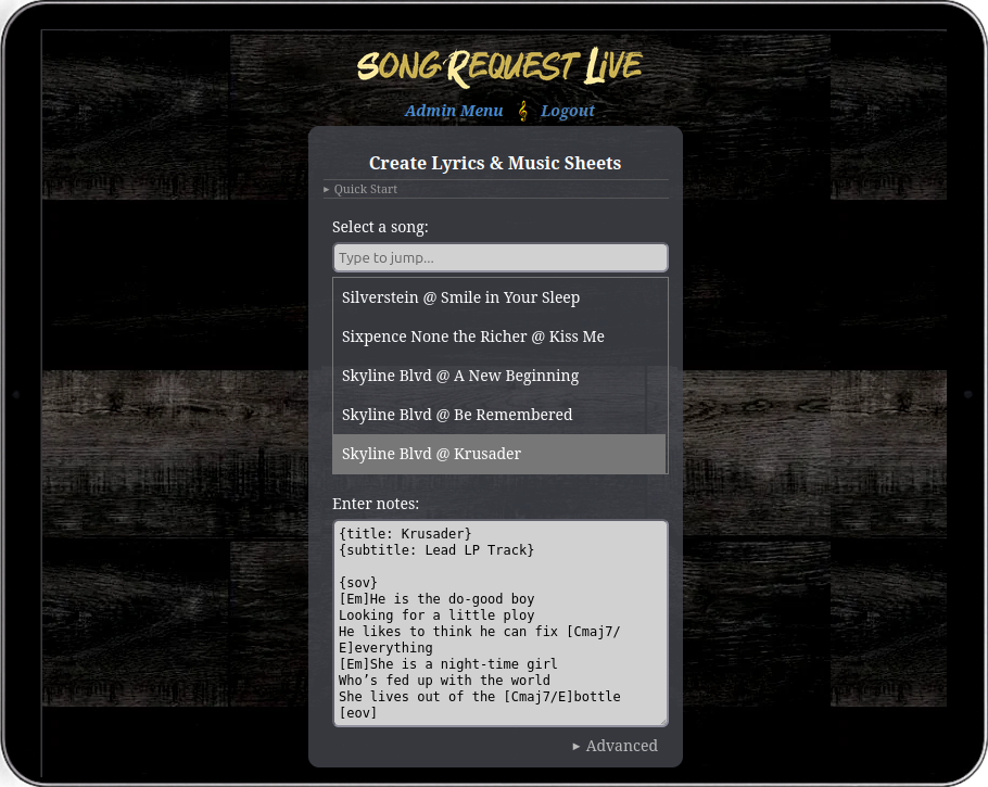 Create SRL Song Notes by formatting plain text lyrics into ChordPro-style lyrics, chords, and music sheets for the Stage Console