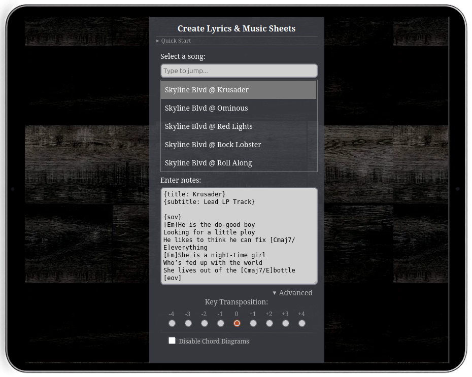 SRL Song Notes editor featuring key transposition, chord diagrams, lyrics, chords, and live performance music sheets