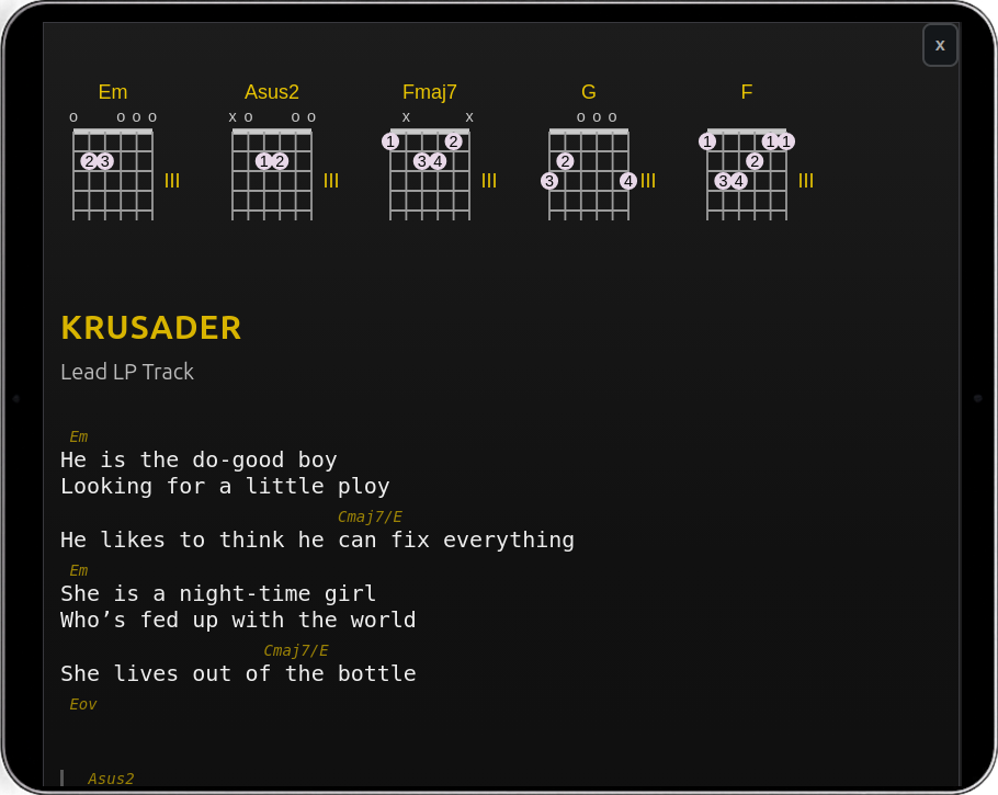 Hands-Free Song Notes with lyrics, chords, chord diagrams, and performance notes accessed using Bluetooth pedal control