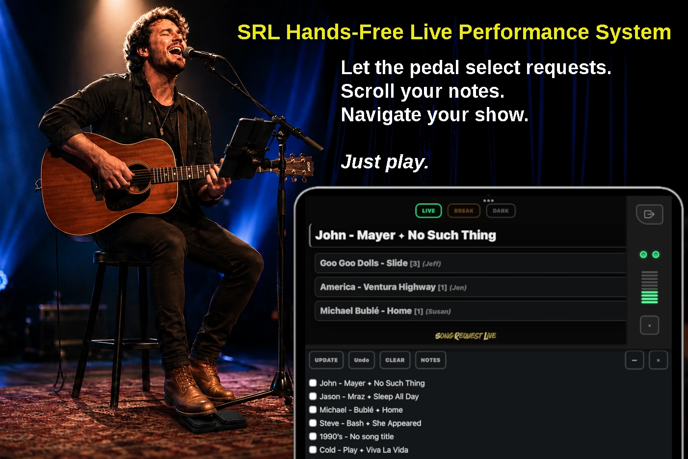 SRL Hands-Free Live Performance System allowing musicians to control setlists, audience requests, lyrics, chords, and song notes using a Bluetooth pedal
