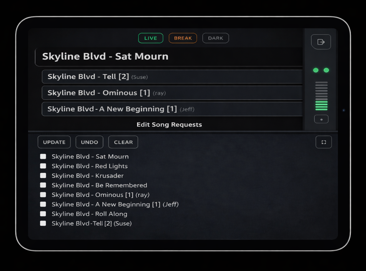 Song Request Live Stage Console displaying performer setlist and audience requests