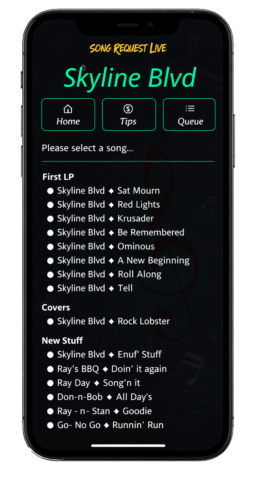 Audience browsing a live performer song request list on a mobile phone