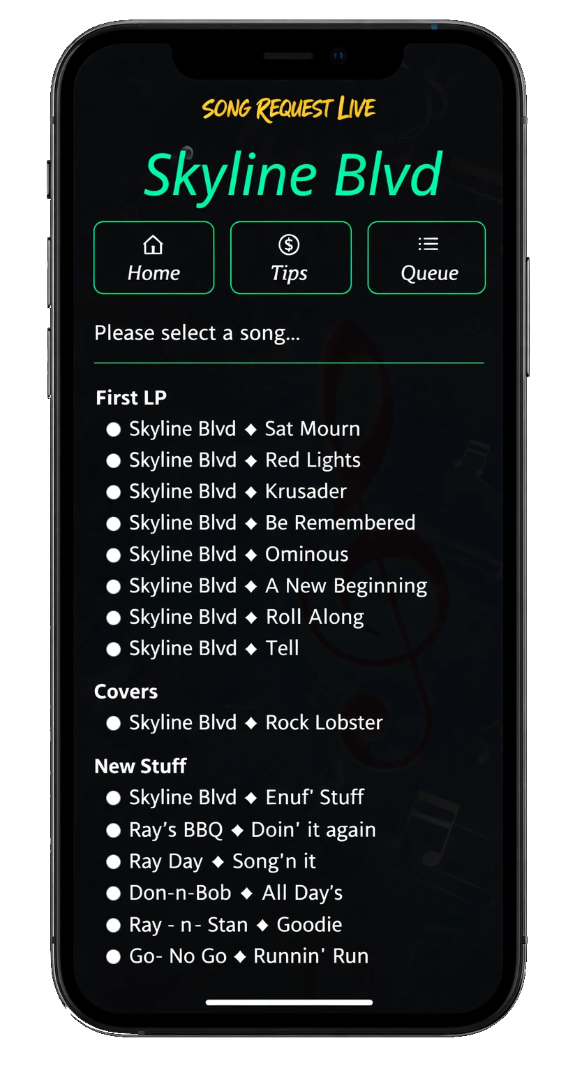 Audience browsing a live performer song request list on a mobile phone