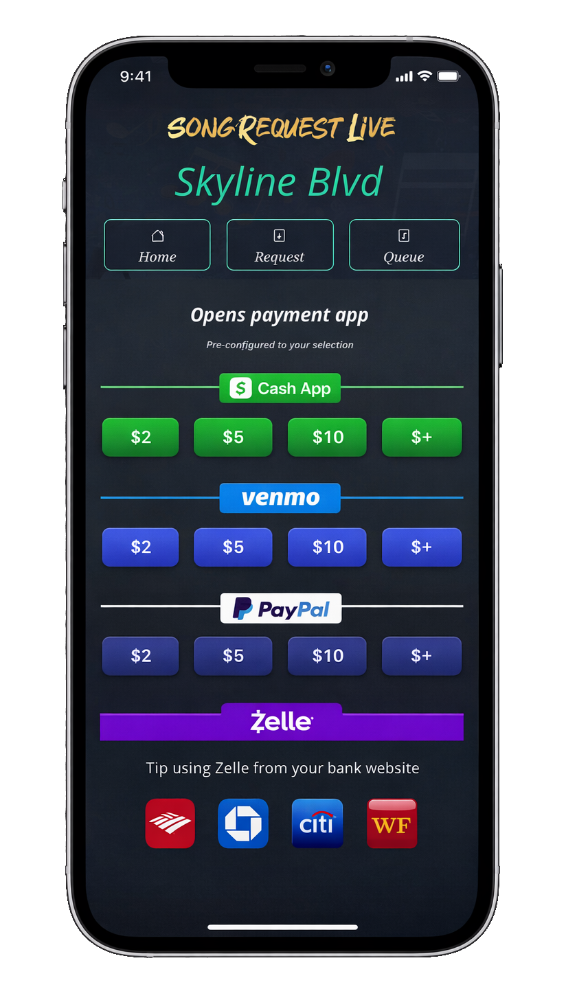 Audience member tipping a performer using Song Request Live mobile tip buttons