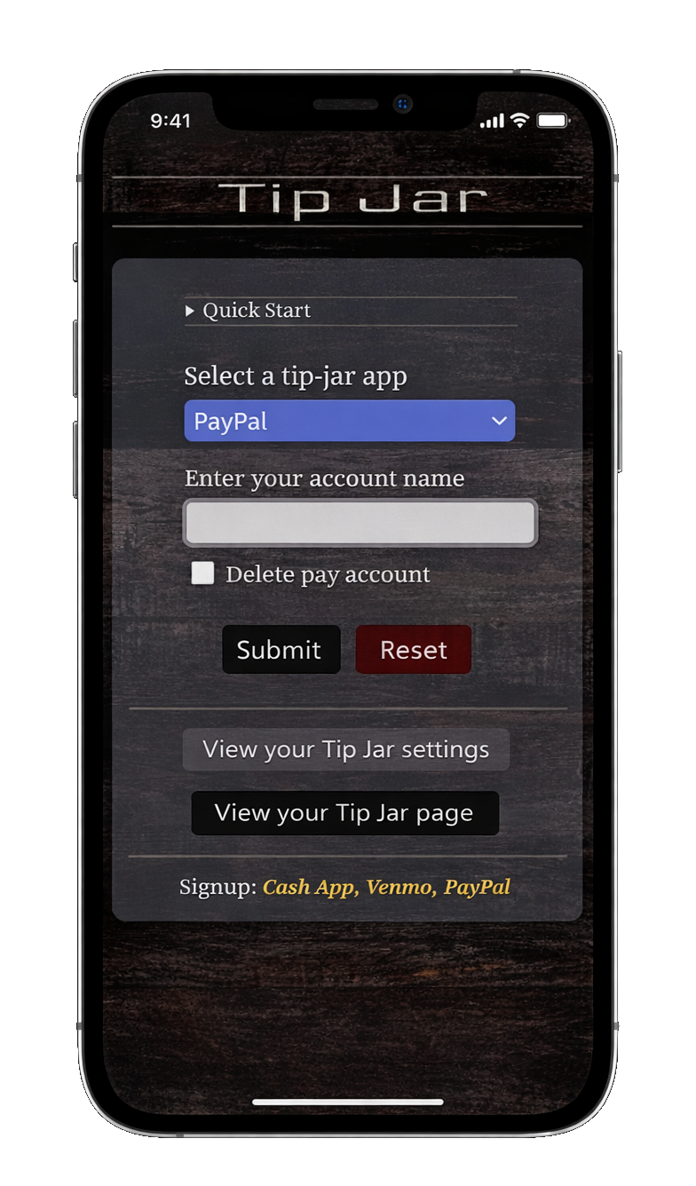 Song Request Live tip jar setup screen for configuring Cash App Venmo and PayPal tipping