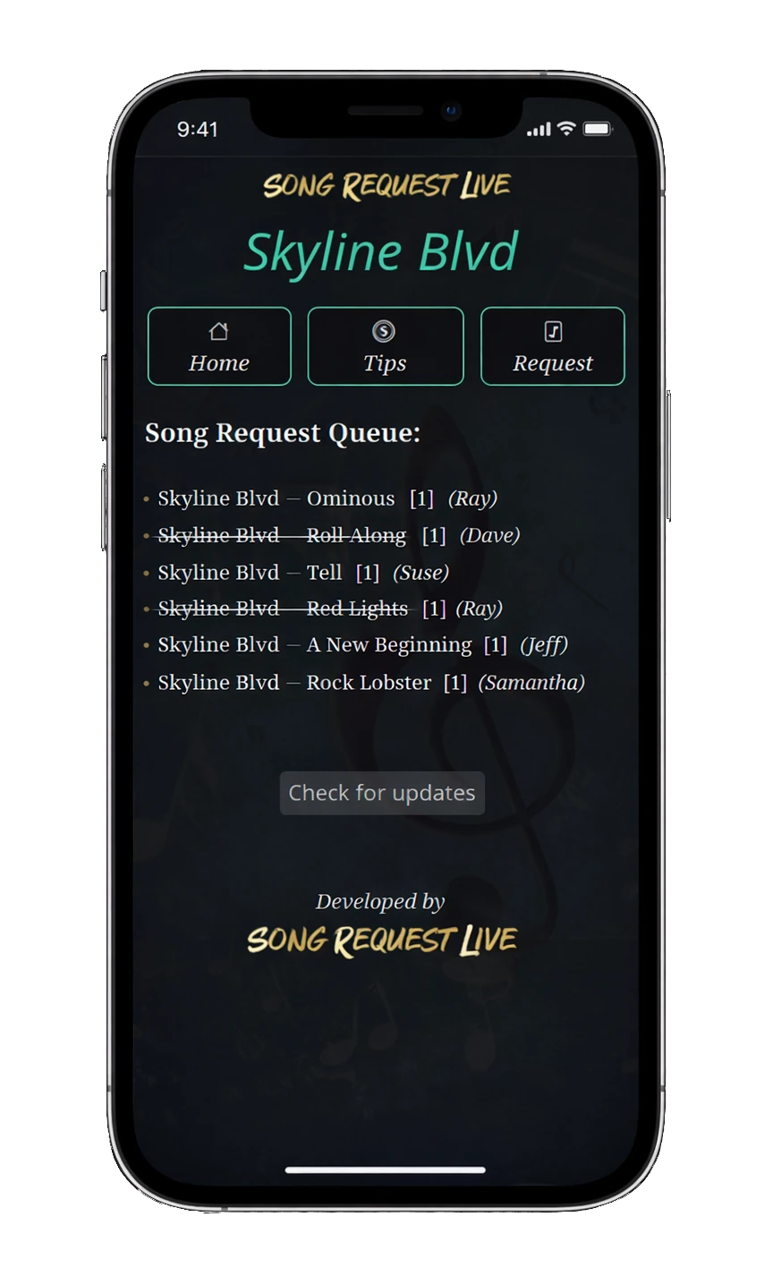 Mobile song request list interface for audiences using Song Request Live