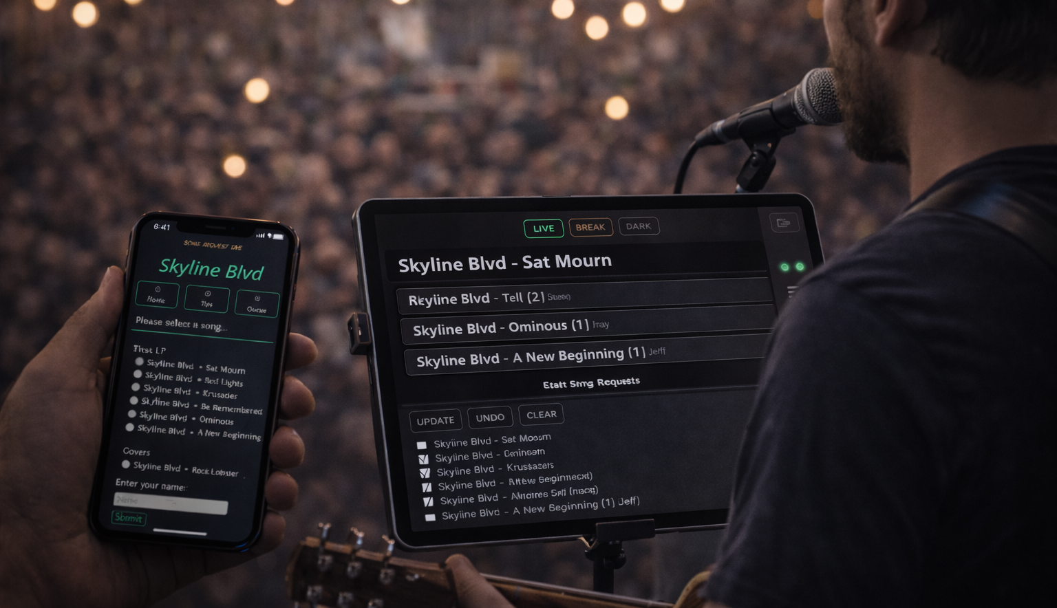 Audience song requests appearing on phones and the Song Request Live Stage Console