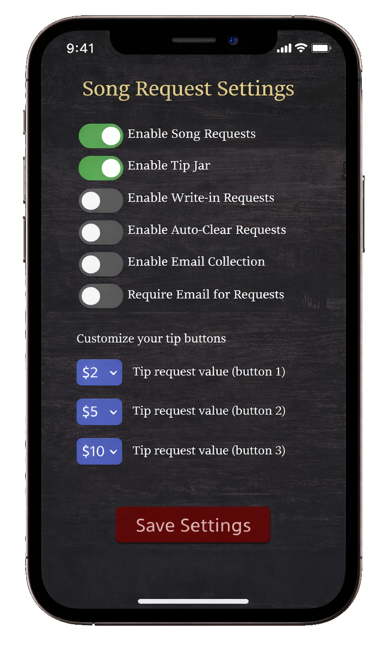 Song Request Live request settings for enabling or configuring audience song requests