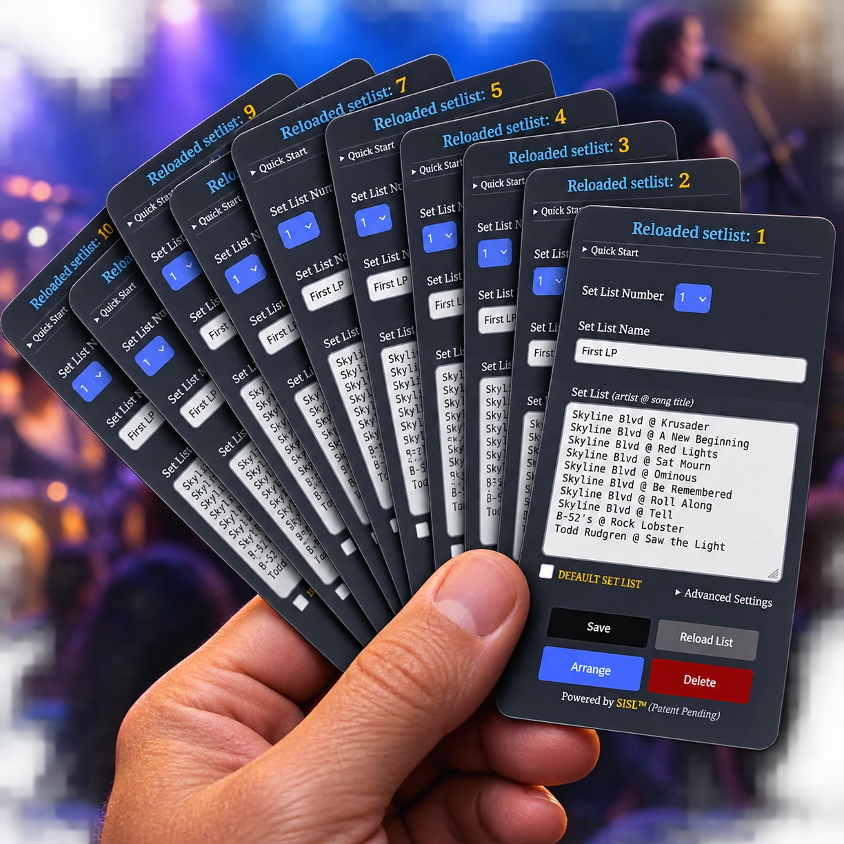 Musician selecting setlists and managing song requests using the Song Request Live Stage Console