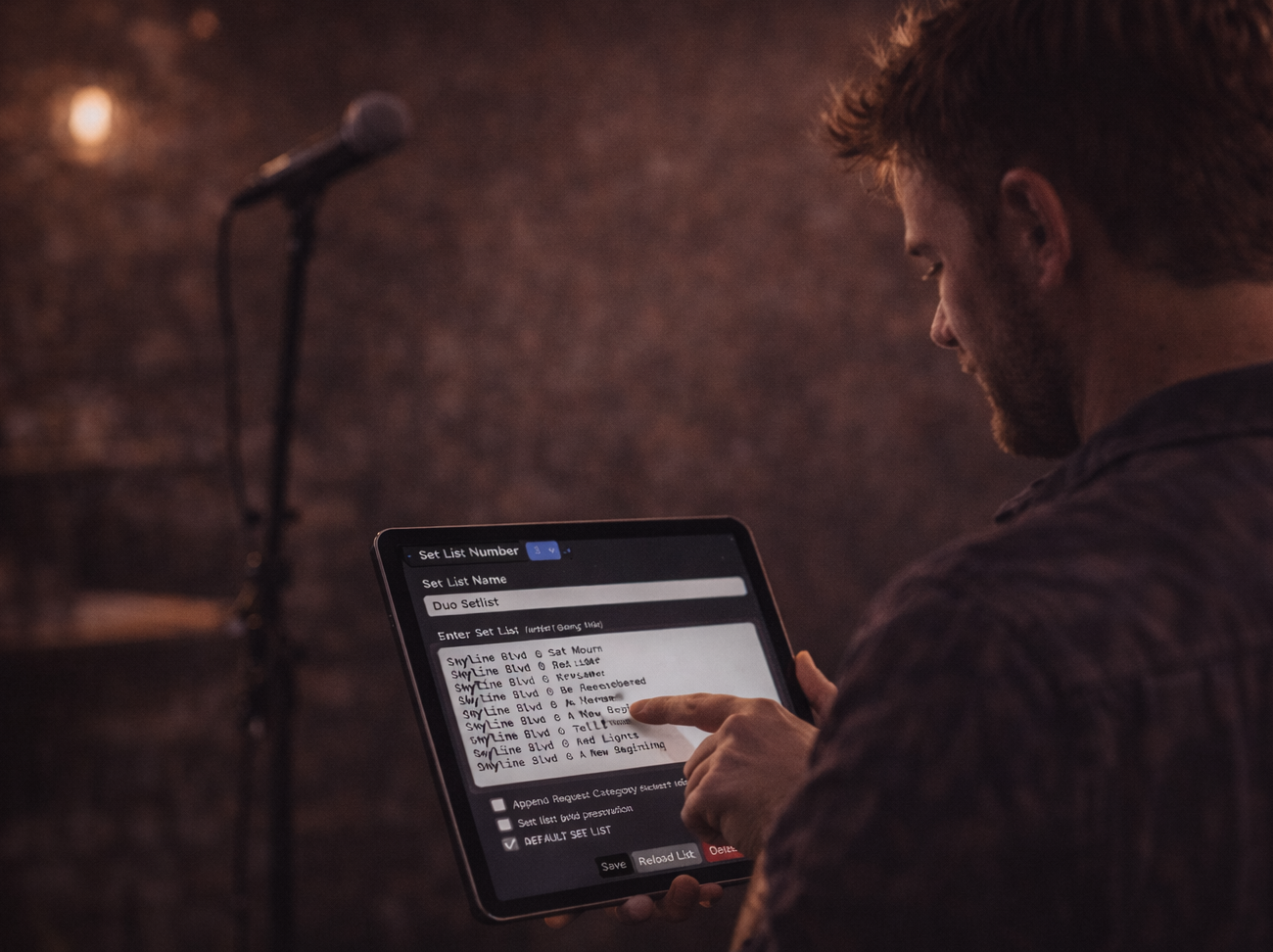Performer selecting a setlist on the Song Request Live Stage Console