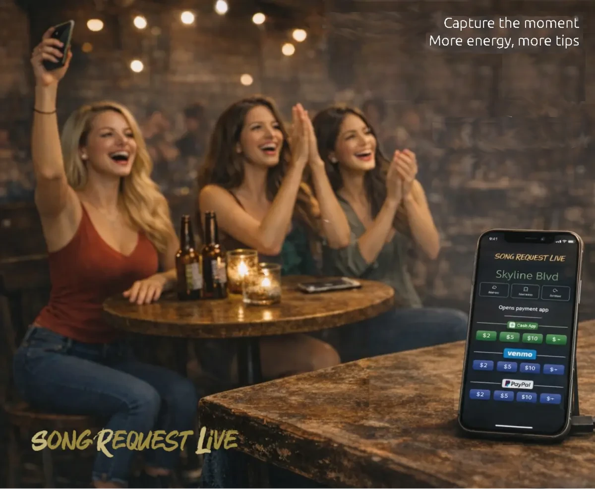Audience tipping a live performer using Song Request Live mobile tip buttons in three clicks