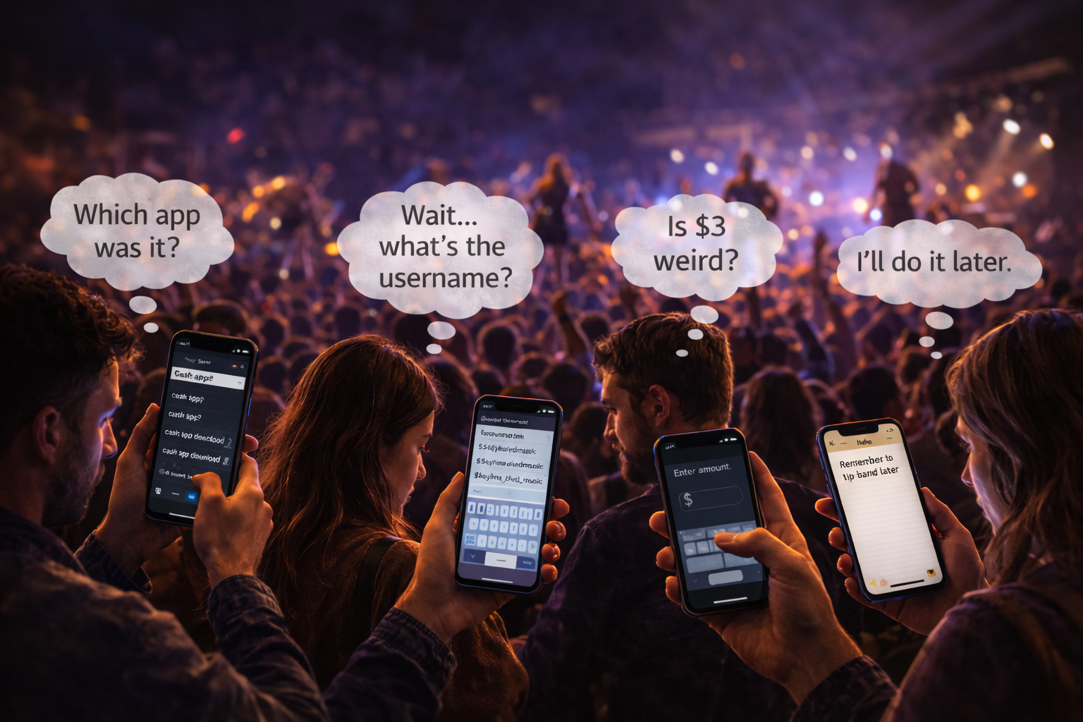Fans struggling with mobile payment apps during a live show illustrating tipping friction