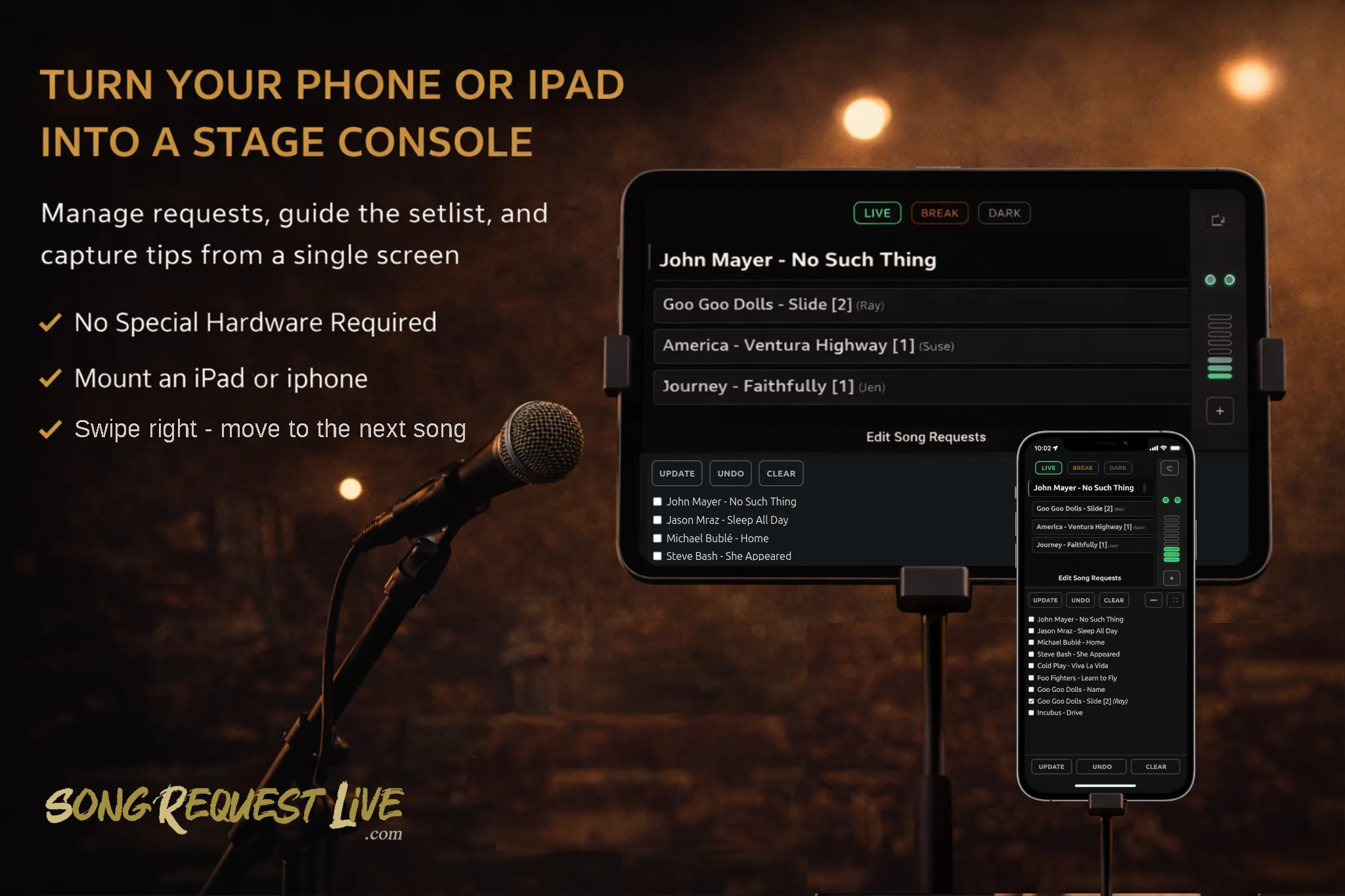 iPad mounted on a mic stand running the Song Request Live Stage Console