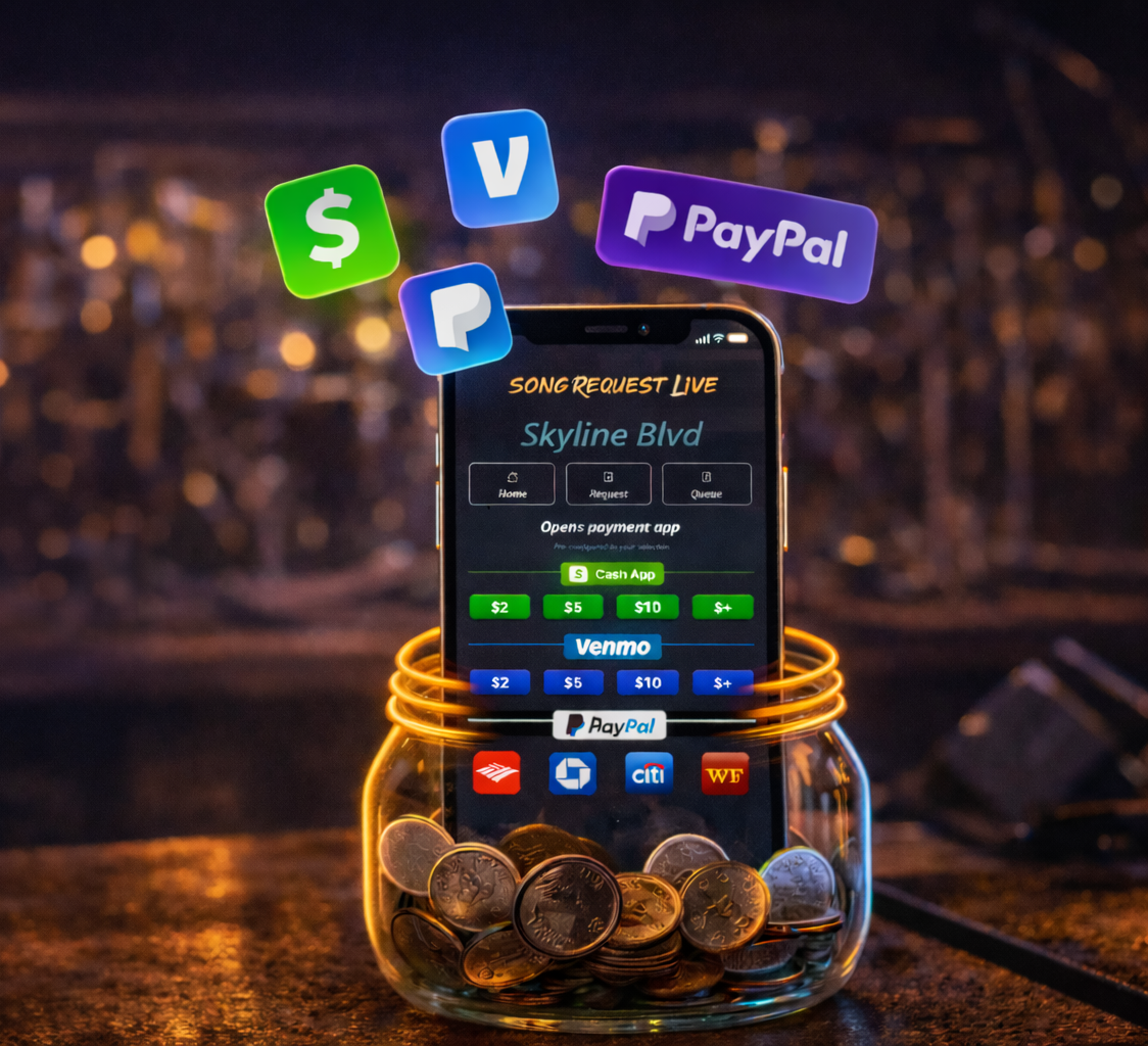 Digital tip jar interface from Song Request Live showing instant mobile tipping options